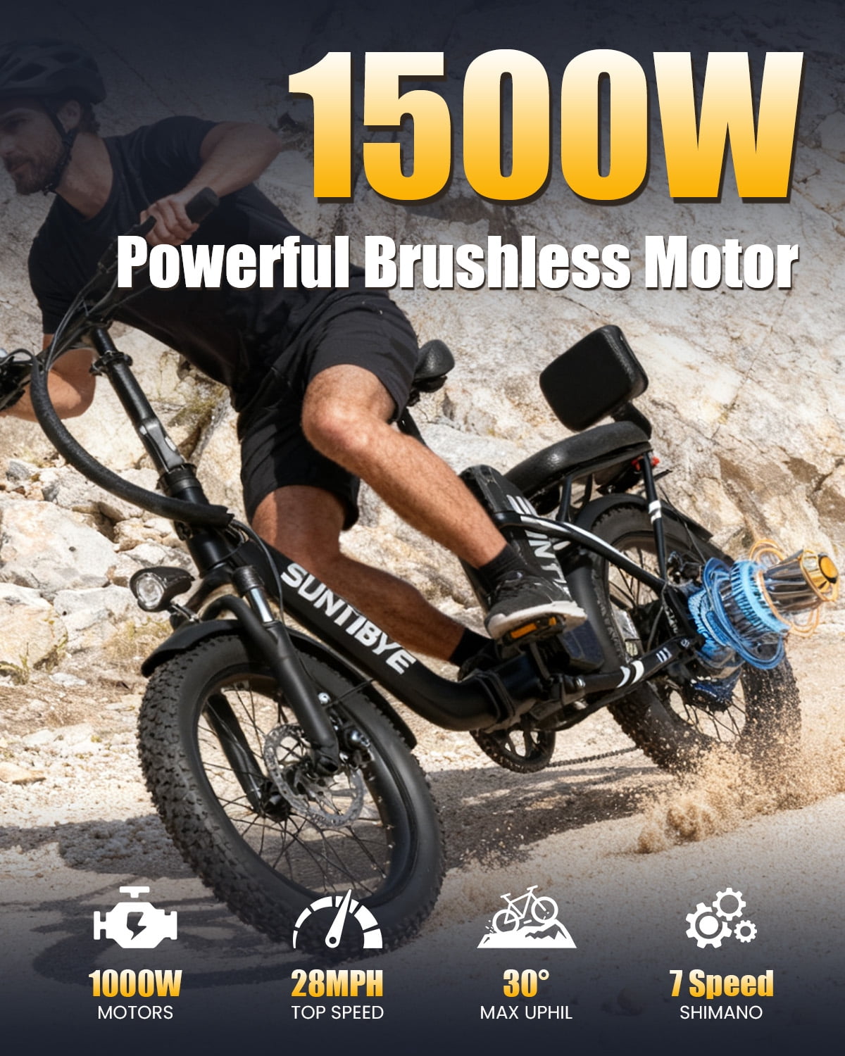 SUNTIBYE SE1 Folding Electric Bike for Adults, 1000W Motor, 28MPH, 48V 15Ah Battery, 20 Fat Tire E-Mountain Bike, UL2849, Black