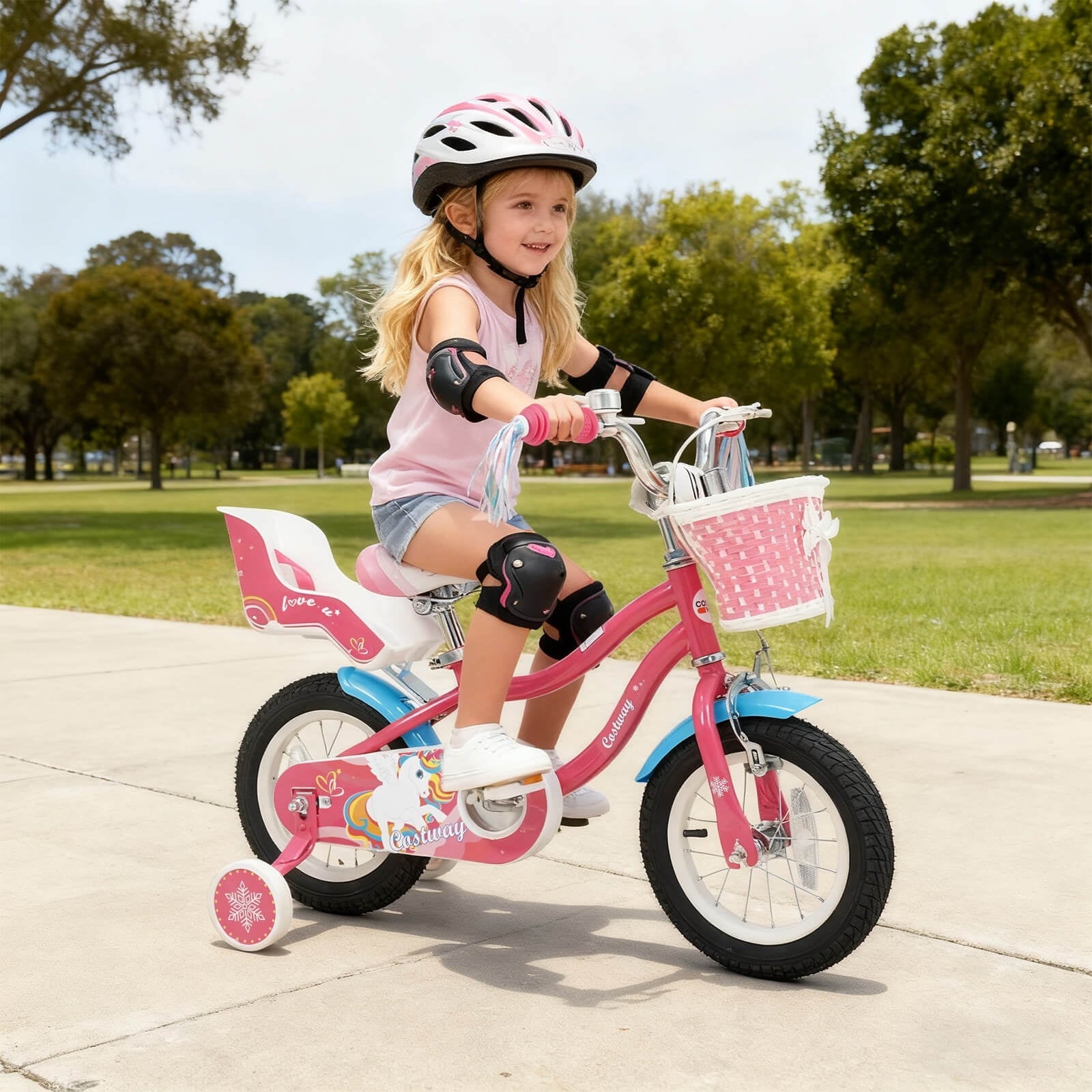 Costway 18 Inches Kids Bicycle with Training Wheels & Basket for Girls Age 4-8 Years Pink