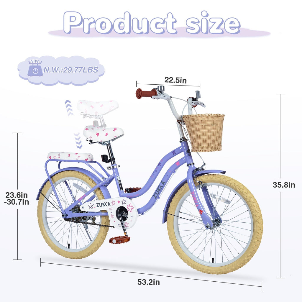 Dolonm 20 Kids Bike for Ages 7-10, Lightweight High-Carbon Steel Frame Cruiser Bicycle, Girls Bike with Wicker Basket, Rear Seat Rack, No Training Wheels, Pink