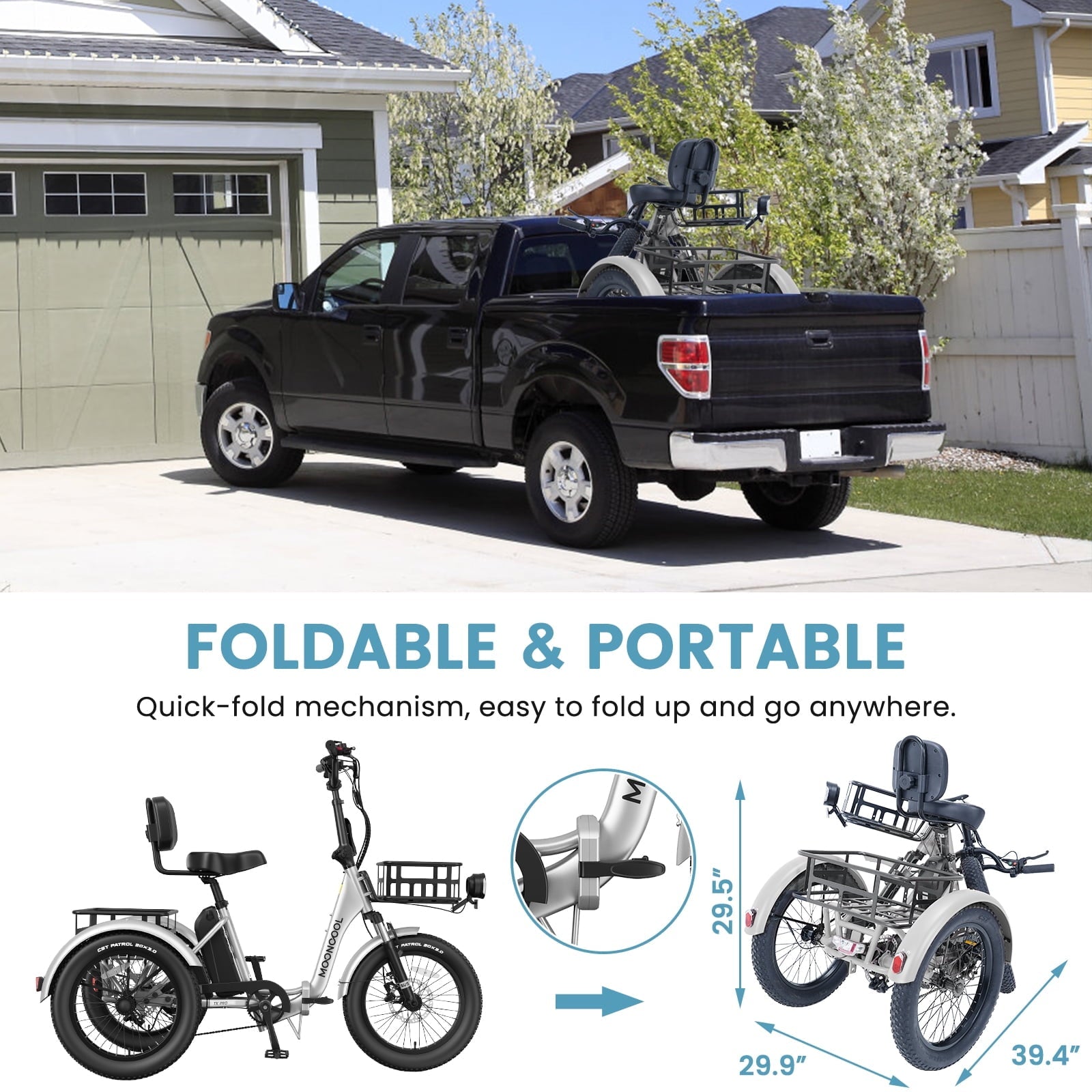 MOONCOOL TK Pro Foldable Electric Tricycle W/ Rearview mirror accessory Kit, 1500W Motor 48V 20Ah Battery, 20 Fat Tire Three Wheel 6-Speed Electric Mountain Bicycle for Adults