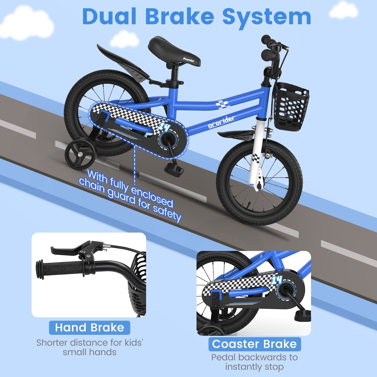 Costway 14'' Kid's Bike with Removable Training Wheels & Basket for 3-5 Years Old Blue