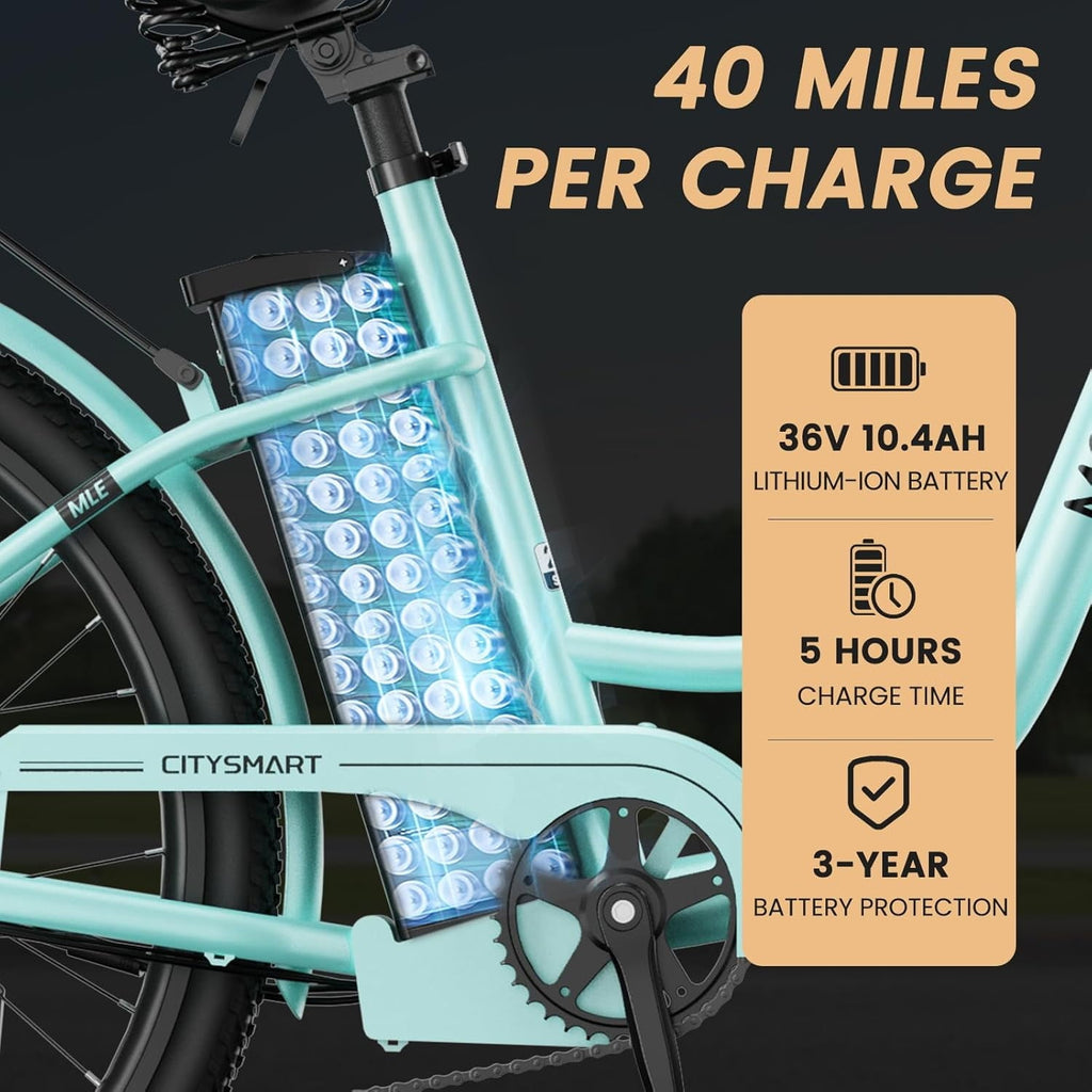 MOONCOOL Electric Bicycle for Adults 350W , 7-Speed Ebike with 36V 10.4Ah Removable Battery . 40 Miles Range , 20 mph Electric Commuter Bike for Women Men