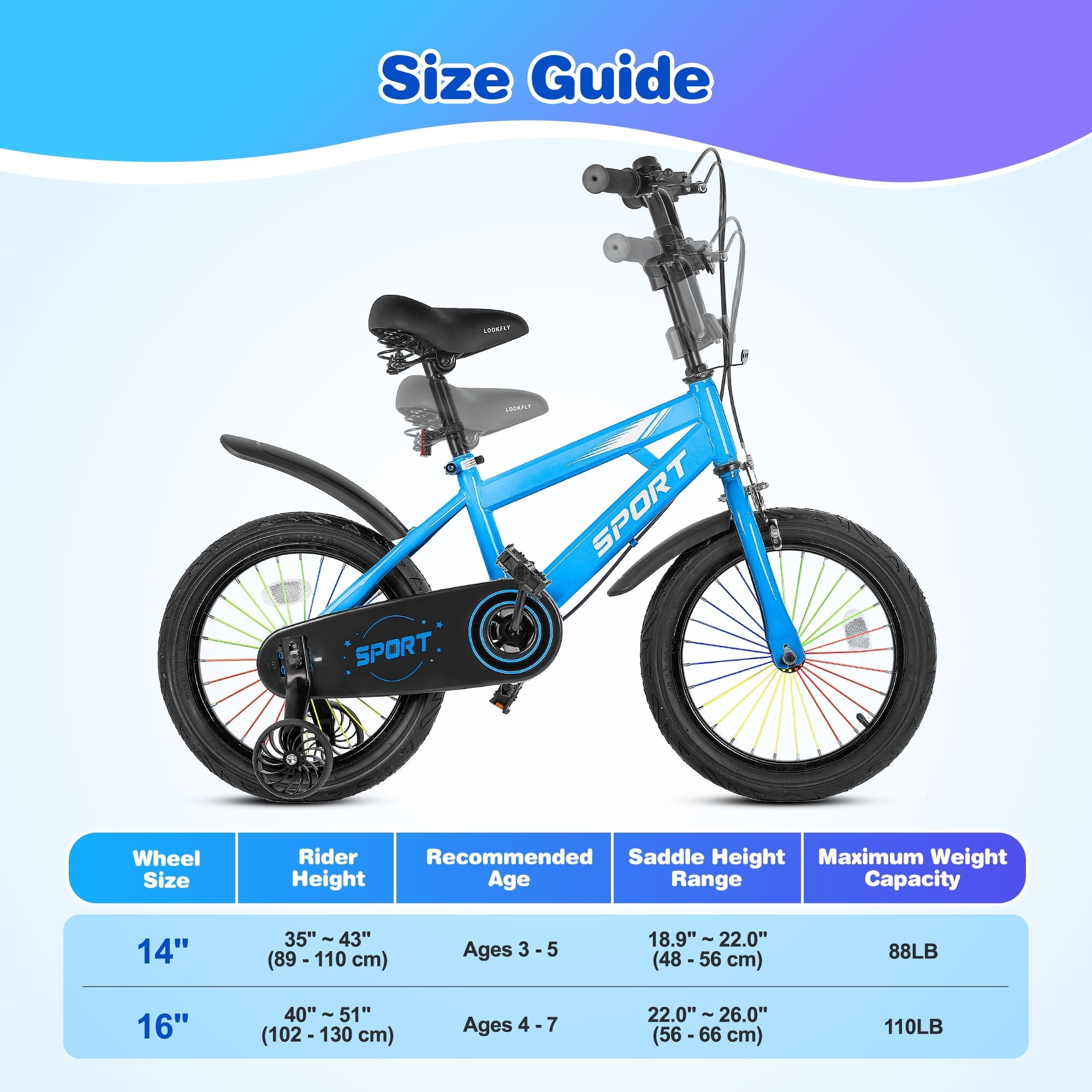 Lookfly 16 Kids Bike for Boys and Girls with Removable Training Wheels,Children's Cicycle,Purple