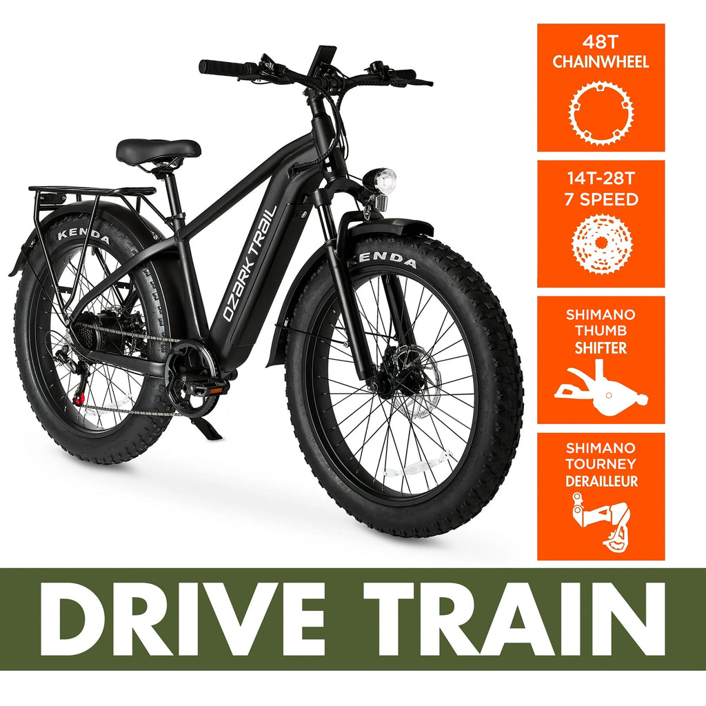 Ozark Trail 26 M.3 Ranger+ Electric Fat Tire Bike, 48V, Class 2, Black, Fits Riders 5'2 - 6'1, Adult, Unisex
