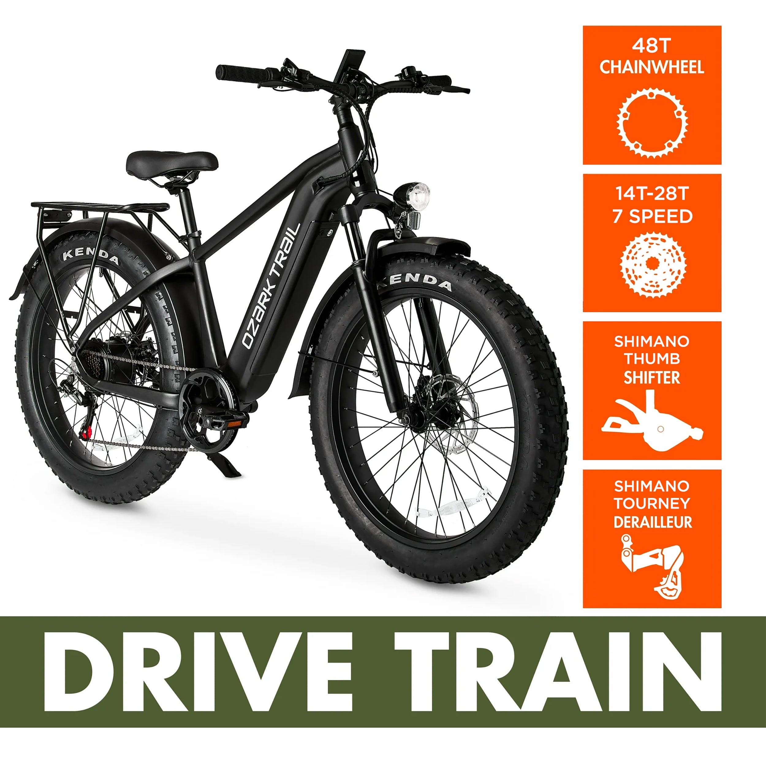 Ozark Trail 26 M.3 Ranger+ Electric Fat Tire Bike, 48V, Class 2, Black, Fits Riders 5'2 - 6'1, Adult, Unisex