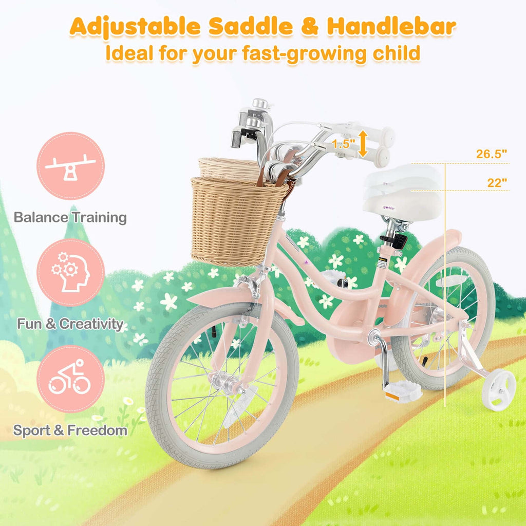 Costway 16 Kid's Bike with Training Wheels Adjustable Handlebar Seat Handbrake Pink