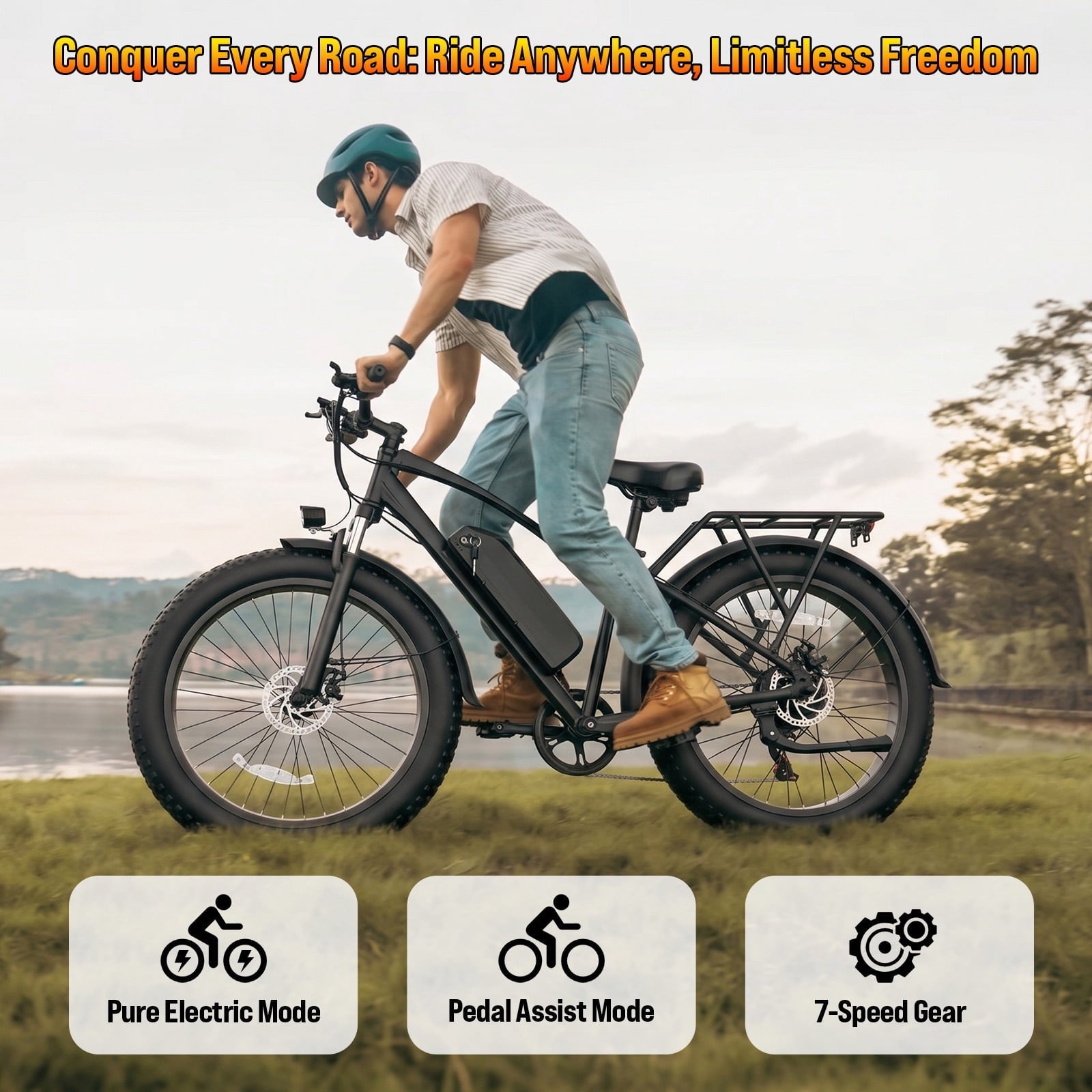 Rexei Yeki 26 Fat Tire EBike, 1200W Electric Bike for Adults, 48V 15AH Battery, 28 MPH Max Speed, 7-Speed , 500 lbs, Front Suspension, Dual Disc Brakes, LCD Display, UL2849
