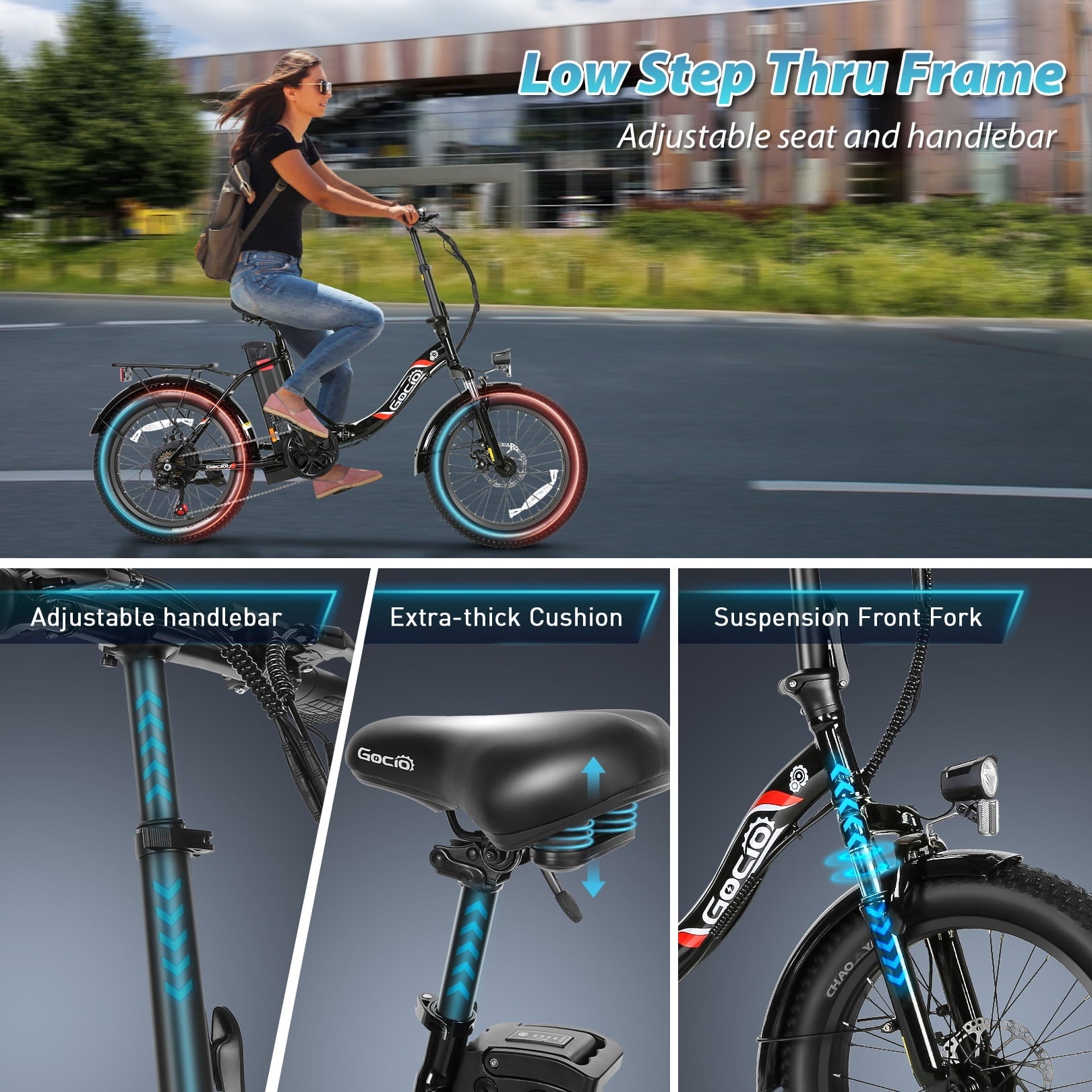 Gocio 20 Folding Electric Bike for Adults, 750W Peak Motor Fat Tire Commuter Ebike, 48V 10.4Ah Battery, 7 Speed, UL2849