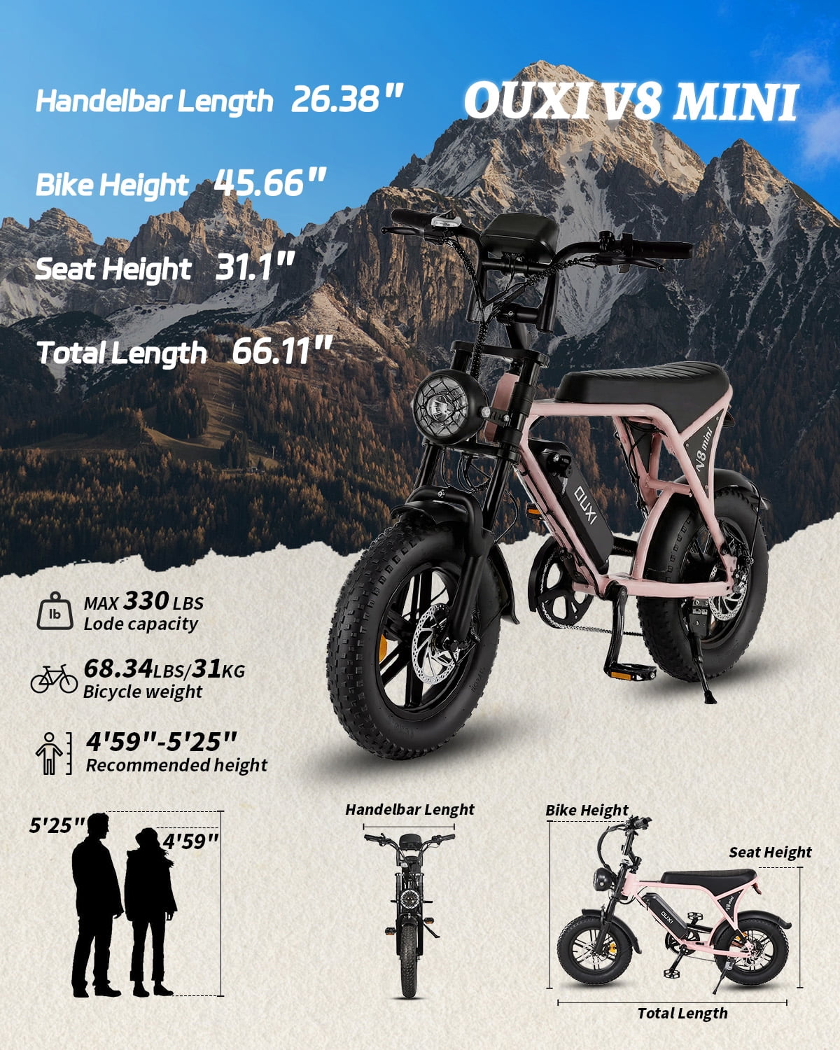 OUXI V8 Electric Bike for Adults, 20 Fat Tire Electric Mountain Bike Peak 750W, 48V 15Ah Battery, UL2849