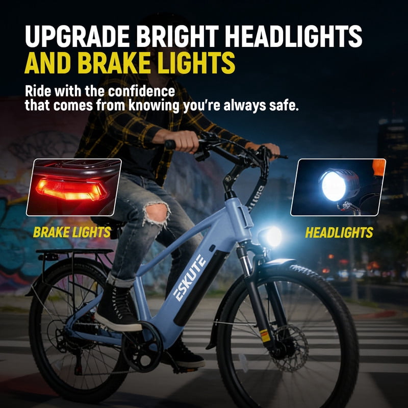 ESKUTE C200 70-Mile Electric Bike for Adults with 840Wh Removable Battery, 1300W Peak Power Ebike, Up to 28MPH Speed, 26 Tires, 7-Speed Adjustable Stem Step-Over E-Bicycle,Orange, UL2849