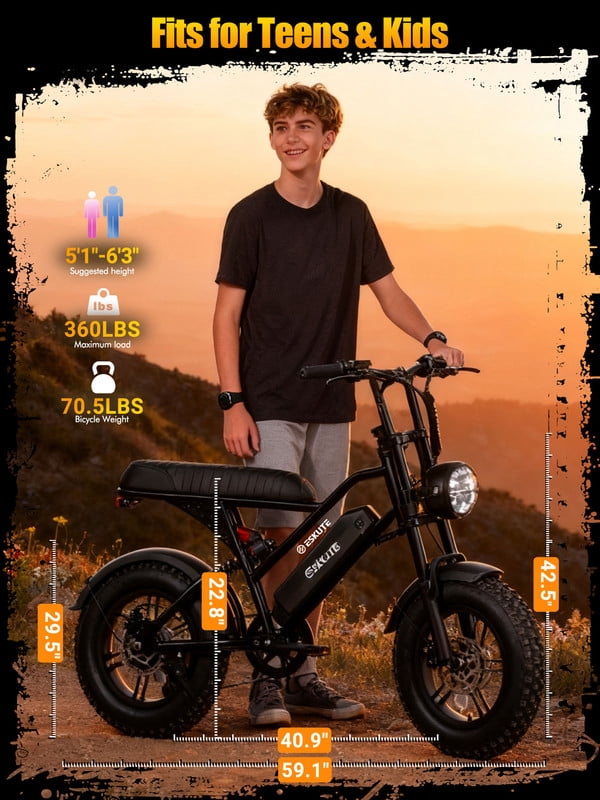 ESKUTE V100 Electric Bike for Teens Adults, 750W Peak 1500W 28 Mph 48V 13 Ah,16x4.0 Fat Tire E Bicycle, 7-Speed E-Bike with Dual Suspension, UL2849