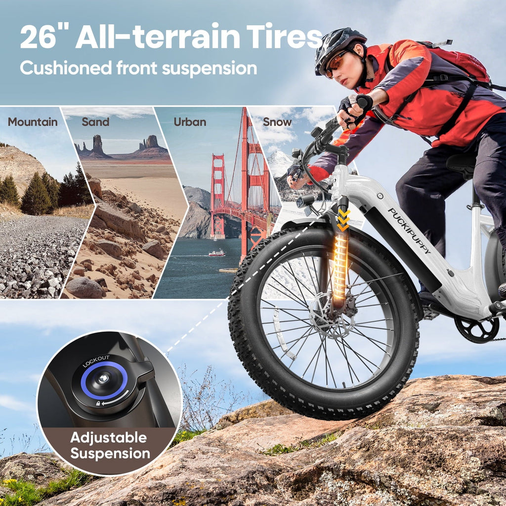 PUCKIPUPPY 960W Peak Electric Bike for Adults Step Through E-Bike 28mph Max Speed 60Miles Range 26 Fat Tire Electric Mountain Bike 48V 15AH Battery 7 Speed off-Road Ebike, Comply with UL2849 By SGS