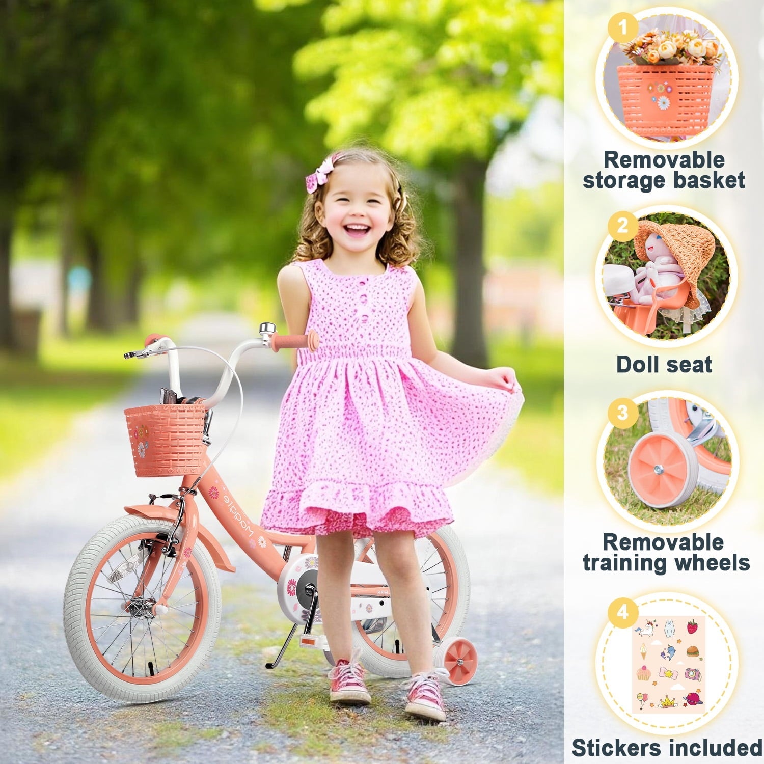 Glerc Maggie 14 inch Kids Girls Bike for Ages 3-5 Years Old Children, Princess Style Kids Bicycle with Doll-Seat & Basket & Training Wheels, Pink