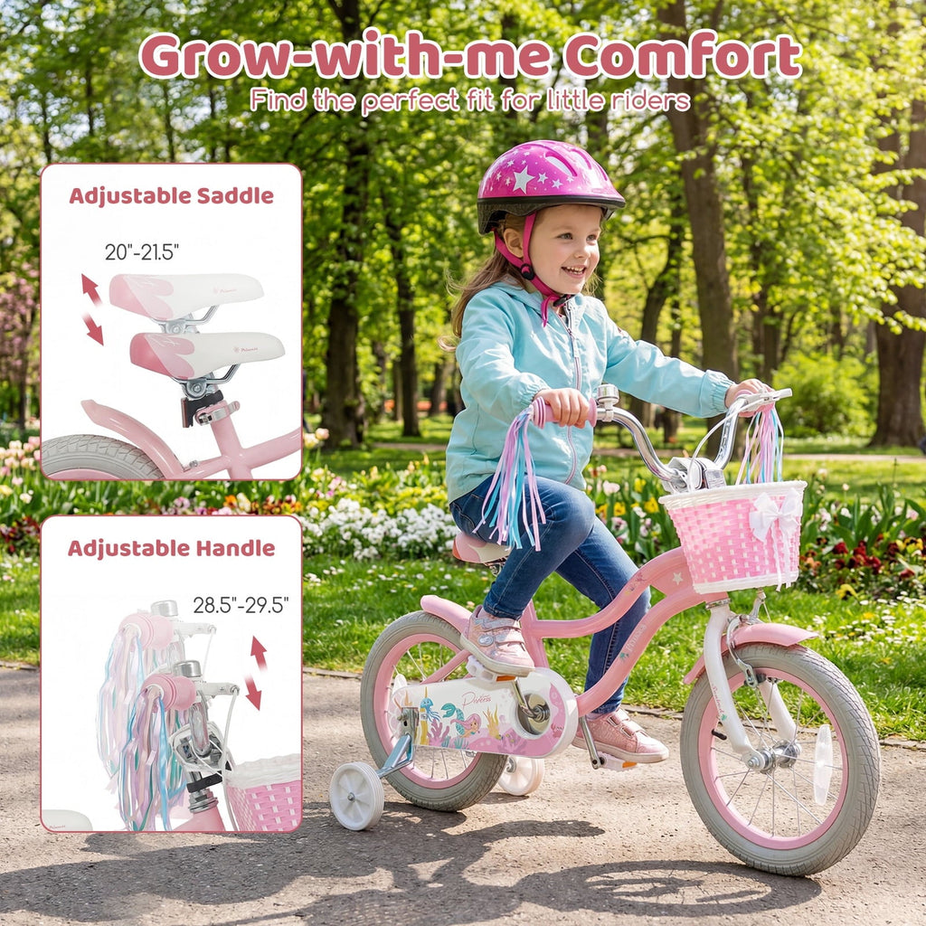 Costway 14 Kids Bike with Training Wheels Hand Coaster Brakes Adjustable Seat Handlebar Pink