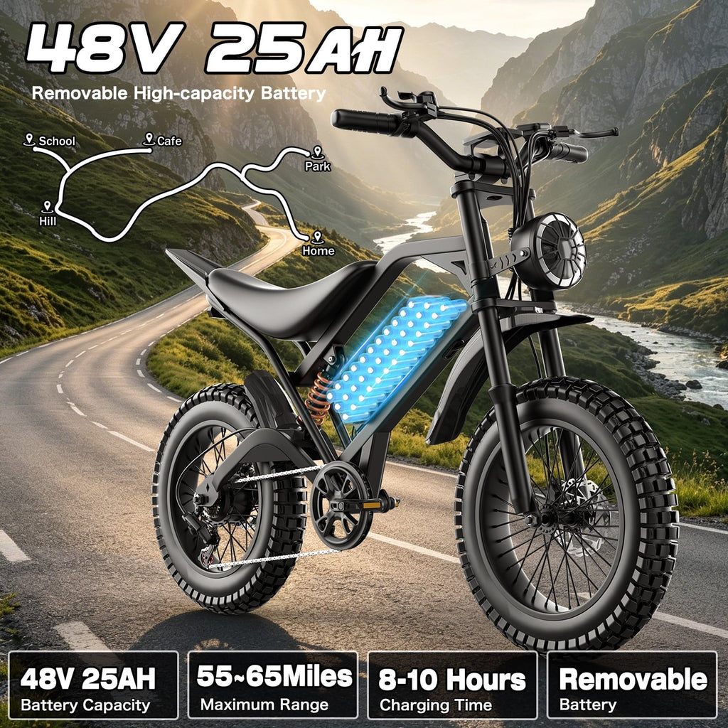 ASKGO Electric Bike for Adult, 2200W Peak Electric Dirt Bike, 100 Miles, 7 Speed Electric Motorcycle, 48V Removable Battery, 20 Fat Tire Off Road Ebike, Full Suspension Ebike for Snow/Beach/Mountain