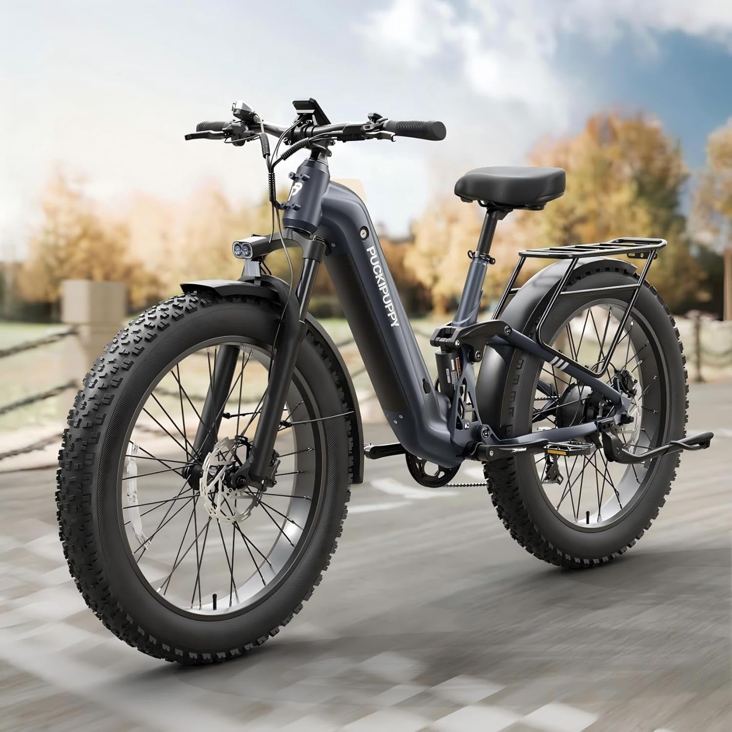 PUCKIPUPPY Electric Bikes for Adults 26 Step-Thru Ebikes 960W Peak Motor 80Miles Range 28mph Max Speed 48V 20AH Battery Full Suspension Fat Tire Mountain E Bike 7 Speed, Comply with UL2849 By SGS