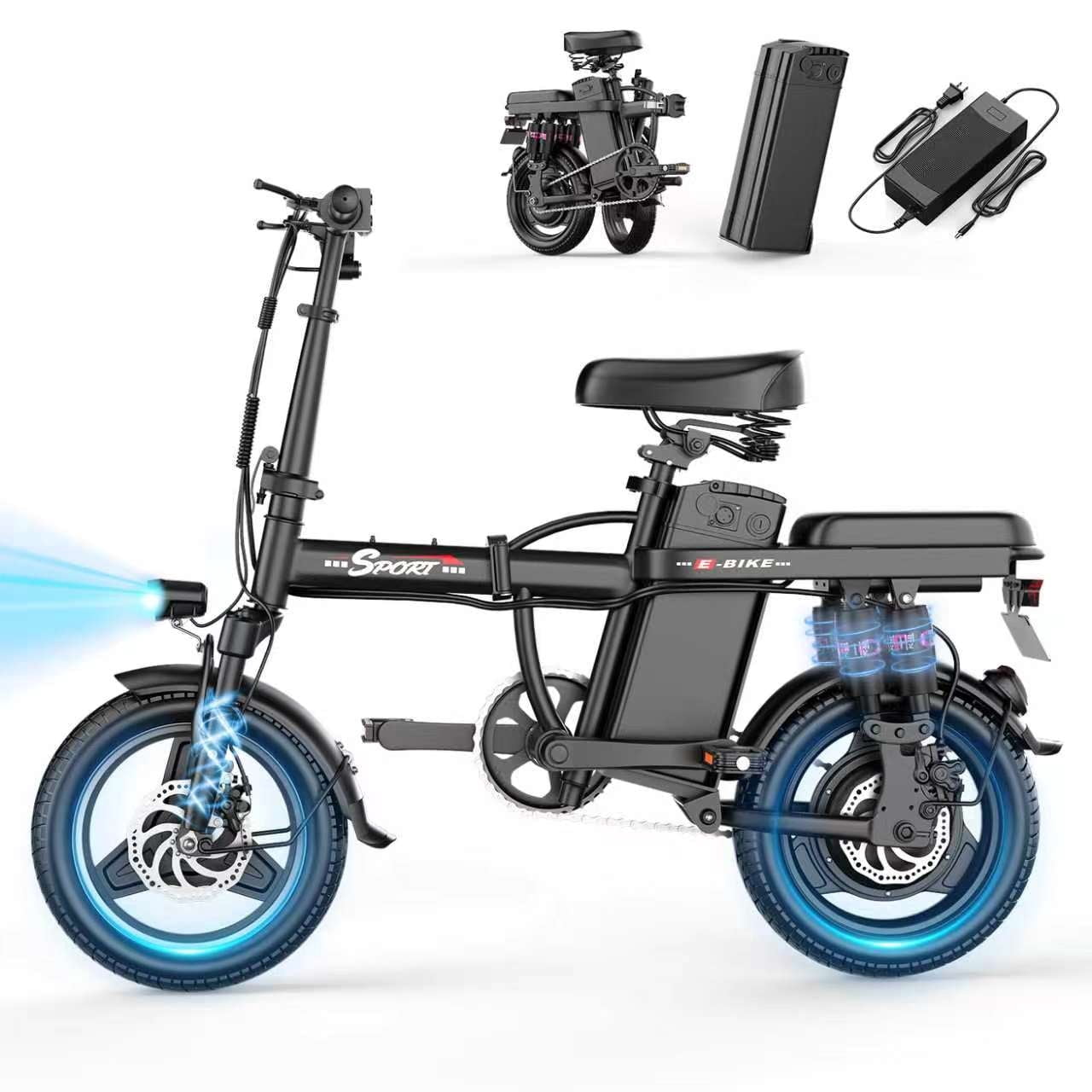 Electric Bike for Adults,  Electric Bicycle with 48V Removable Battery,14 Folding Ebike, 20MPH,30+ Miles(MAX),500W High Motor,Multi-Shock Absorption,UL 2849,Commuting Mini E Bikes