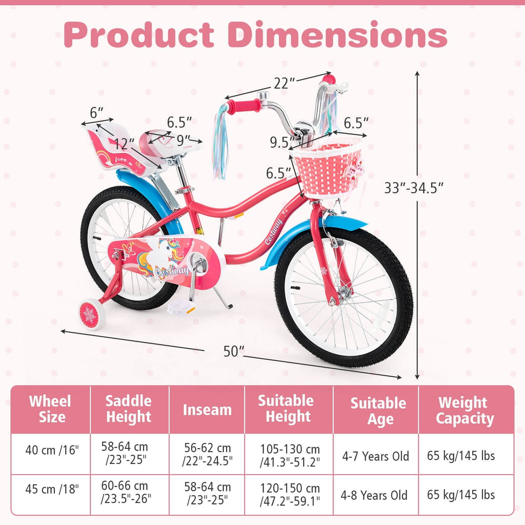 Costway 18 Inches Kids Bicycle with Training Wheels & Basket for Girls Age 4-8 Years Pink