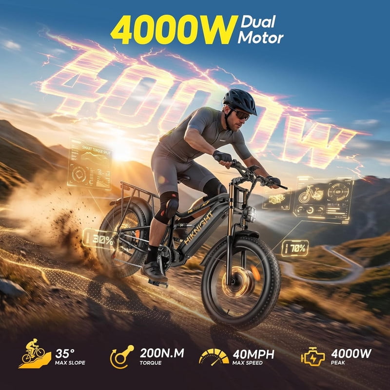HiKNiGHT 4000W Dual Motor Electric Bike for Adults, 52V 20Ah Battery, 40 MPH & 90 Miles Range, 24 x 4.0 Fat Tire E-Bike, Dual Hydraulic Brakes, Full Suspension, H6 Pro (Black White) with Bag
