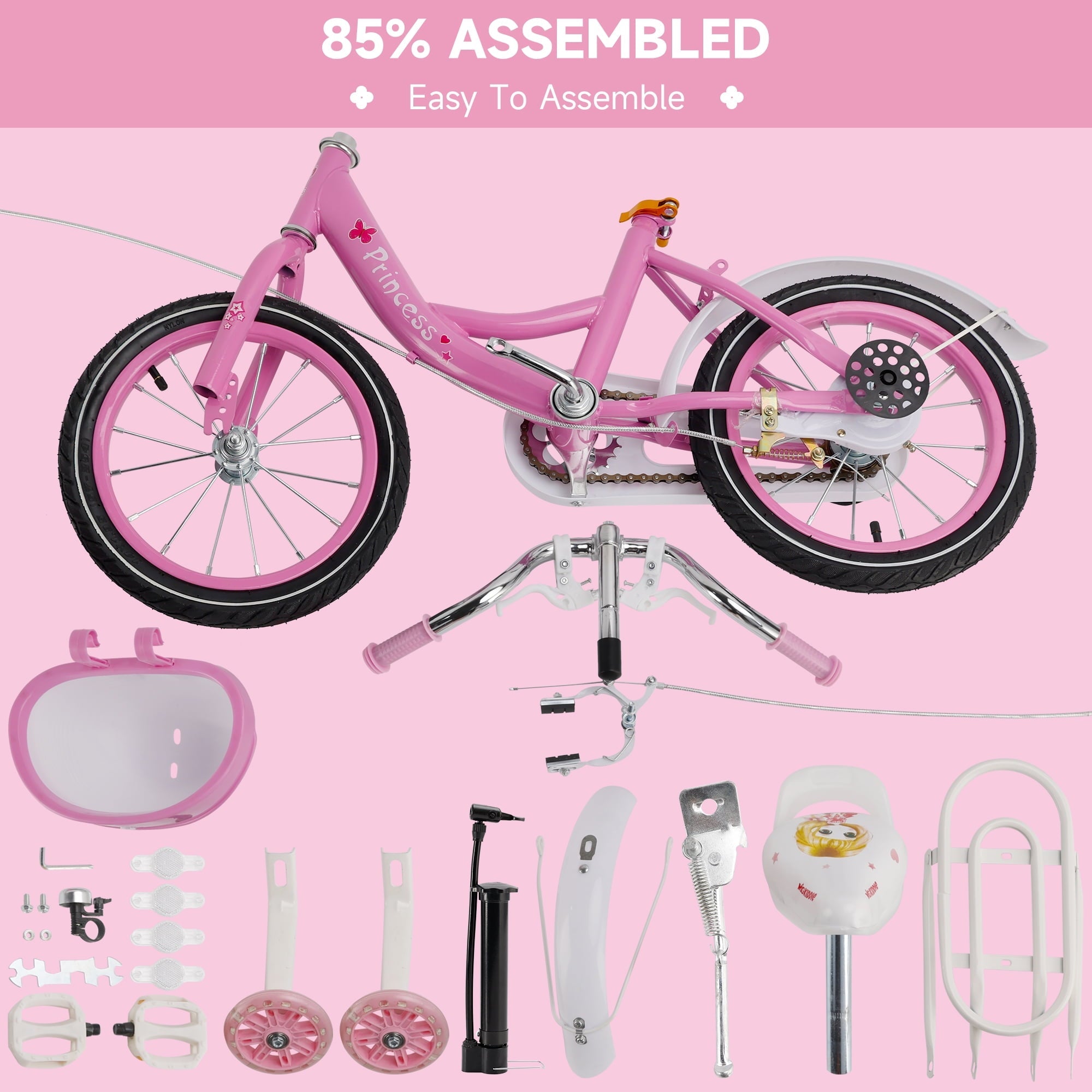 16 18 Inch Girls Bike for Toddlers and Kids Ages 4-9 Years Old, Kids Bike with Flashing Training Wheels & Basket, Girls Bicycle with Handbrake & Kickstand, Pink/Purple