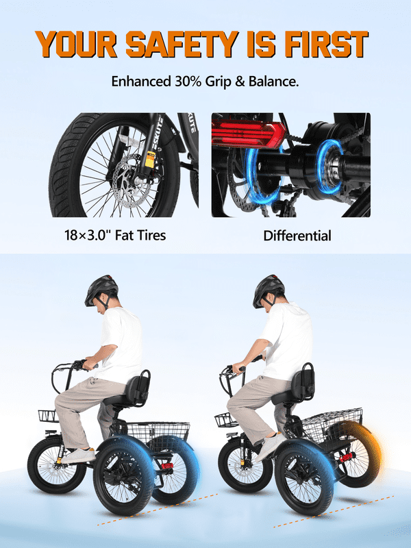 ESKUTE Electric Tricycle for Adults, 1200W Peak Motor, Up to 55 Miles Range, 624Wh Removable Battery, Folding 3-Wheel Ebike with 18x3.0 Fat Tires, Step-Through Red, UL2849