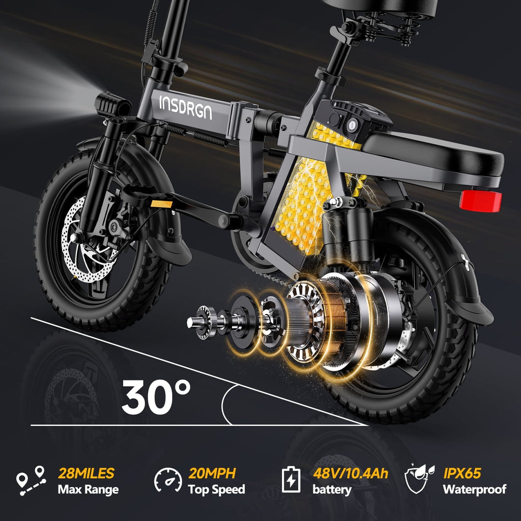 INSDRGN Folding Electric Bike for Adults Teens, 650W Peak Motor, 10.4AH 48V Battery 14 Electric Bicycles, 28 Miles Range, Mini Ebike for City Commuter, UL2849, Gray