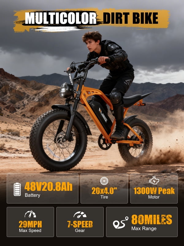 ESKUTE Electric Bike for Adults & Teens, 29MPH, 80 Miles Range, 48V 20.8Ah Battery, 20 x 4.0 Fat Tire, Dual Suspension, 7-Speed Off-Road Ebike Orange, UL2849