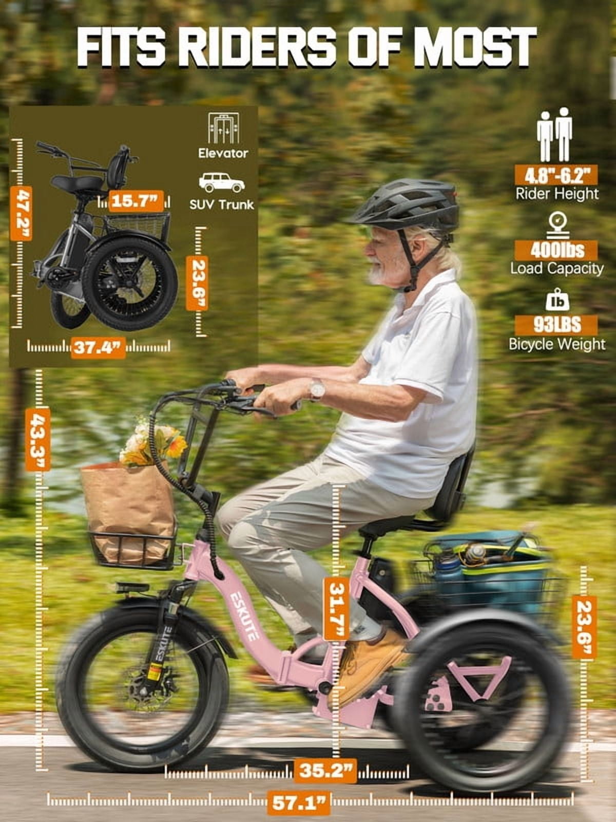 ESKUTE Electric Tricycle for Adults, 1200W Peak Motor, Up to 55 Miles Range, 624Wh Removable Battery, Folding 3-Wheel Ebike with 18x3.0 Fat Tires, Step-Through Red, UL2849
