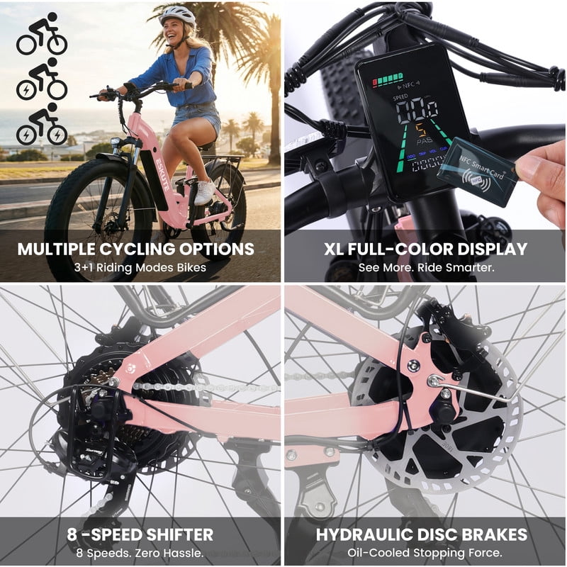 ESKUTE C300 1500W Electric Bike for Adults, 48V 20.8Ah Battery, 32MPH, 80 Miles Range, 26x4.0 Fat Tire Step-Thru Ebike, Full Suspension Electric Bicycle, 8-Speed Pink, UL2849