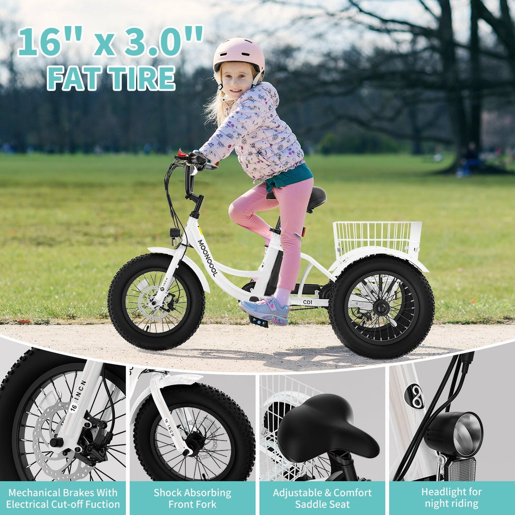 MOONCOOL Electric Tricycle for Kids ,16x3 3 Wheel 250W 10.4Ah Etrike W/ LED headlight & Rear Basket & horn bell & DIY stickers .6/9/12.5 MPH