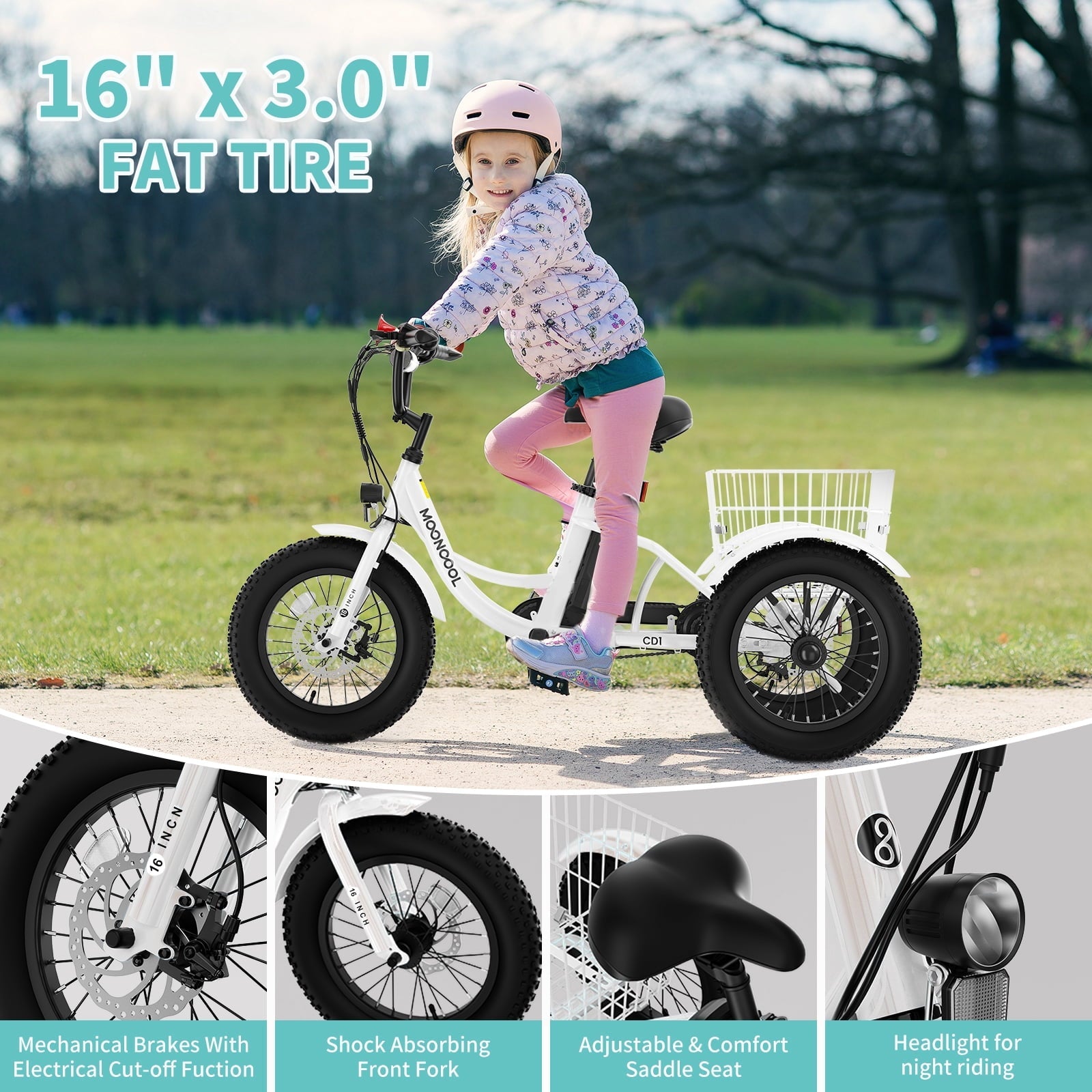 MOONCOOL Electric Tricycle for Kids ,16x3 3 Wheel 250W 10.4Ah Etrike W/ LED headlight & Rear Basket & horn bell & DIY stickers .6/9/12.5 MPH