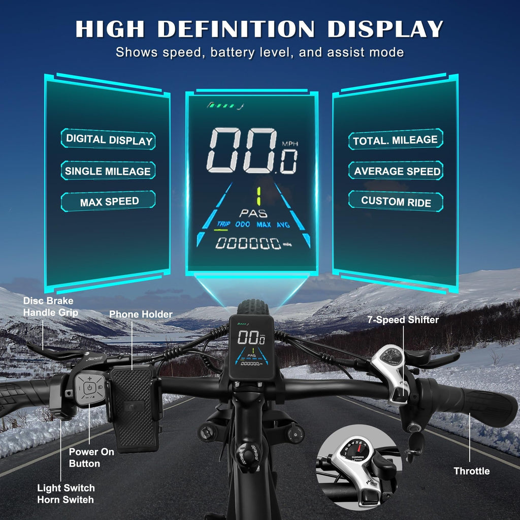 Electric Bike for Adults, 26x4.0 Fat Tire E-Mountain Bicycle, Peak 1600W Motor 48V-16Ah with 7 Speed, Mountain Bike Beach Snow Ebike for Men, Blue