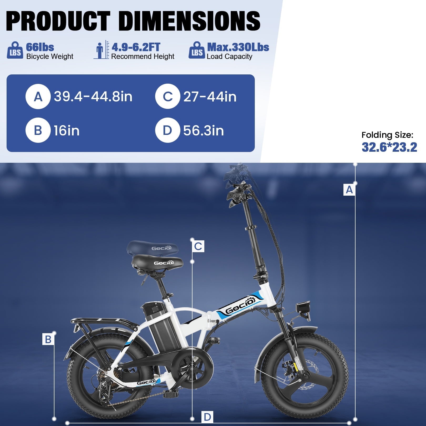 Gocio Peak 750W Electric Bike, 16 x 3.0 One-Piece Fat Tire Foldable Electric Bicycle for Adults Women, 48V 374.4Wh Removable Battery Ebikes, 20MPH Commuter E Bike for Teenager UL2849 Certified