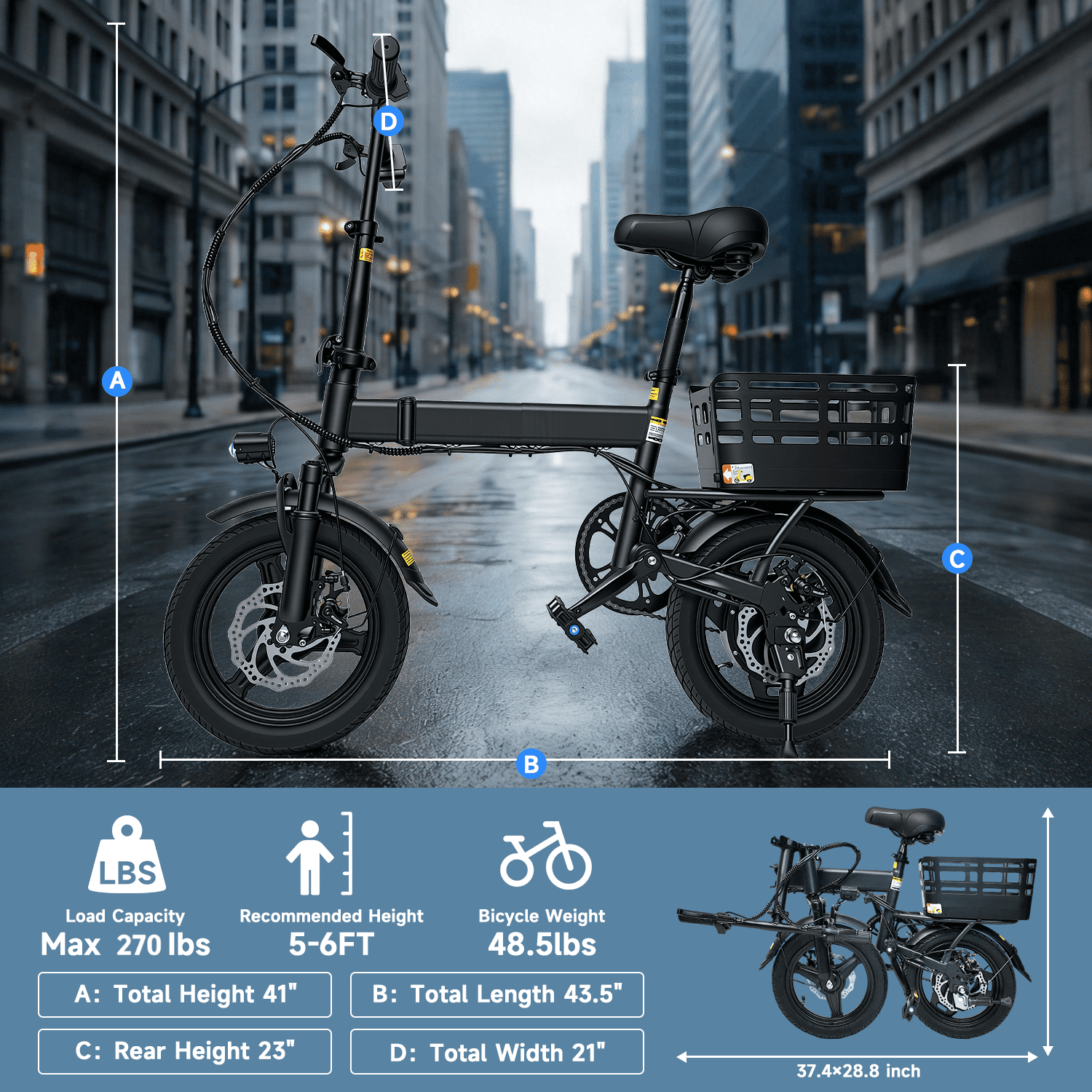 14 Folding Electric Bike for Adults with Basket,500W Peak Motor,20MPH 35 Miles,432Wh Battery,Commuting/Shopping Mini Ebike,UL2849