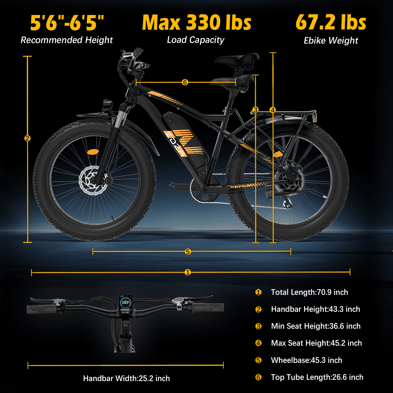 ZDZA Electric Bike for Adults, Peak 1500W Motor E-Mountain Bicycle, 26 Fat Tire 28mph Ebike, 48V 15Ah Removable, Dual Suspension with Shelf UL2849, Black
