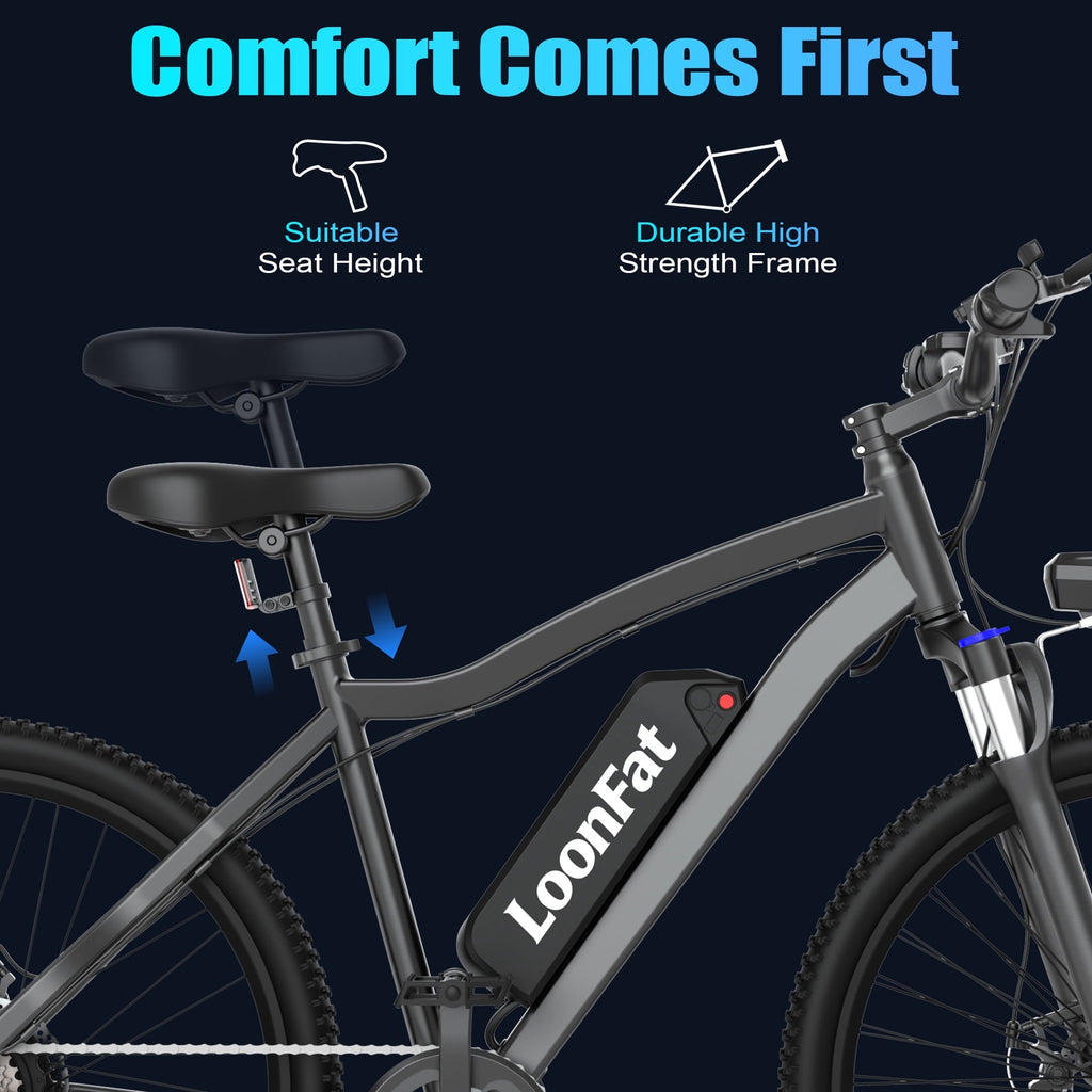 Loonfat E26 26-inch Adult Electric Bike (Black), 750W Peak, 36V 10.4Ah Battery, 35-Mile Range, High Carbon Steel Frame, 7-Speed, UL 2849 Certified