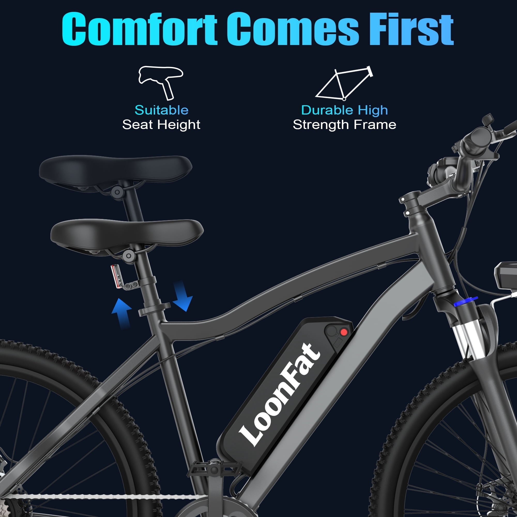 Loonfat E26 26-inch Adult Electric Bike (Black), 750W Peak, 36V 10.4Ah Battery, 35-Mile Range, High Carbon Steel Frame, 7-Speed, UL 2849 Certified