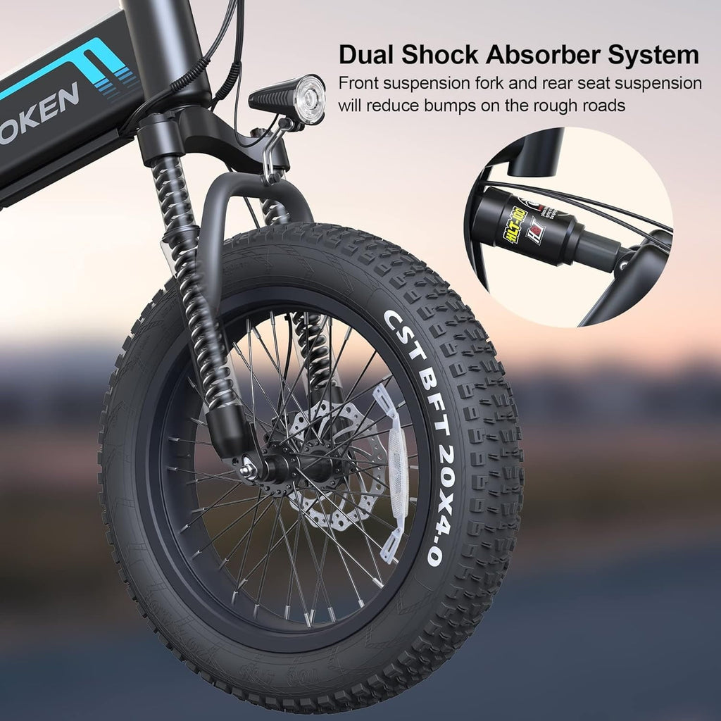Wooken 20X4.0 Fat Tire Electric Bike for Adults, 500W Foldable Electric Bicycle with 48V 10Ah Built-in Battery, Shimano 7 Speed, Dual Shock Absorber