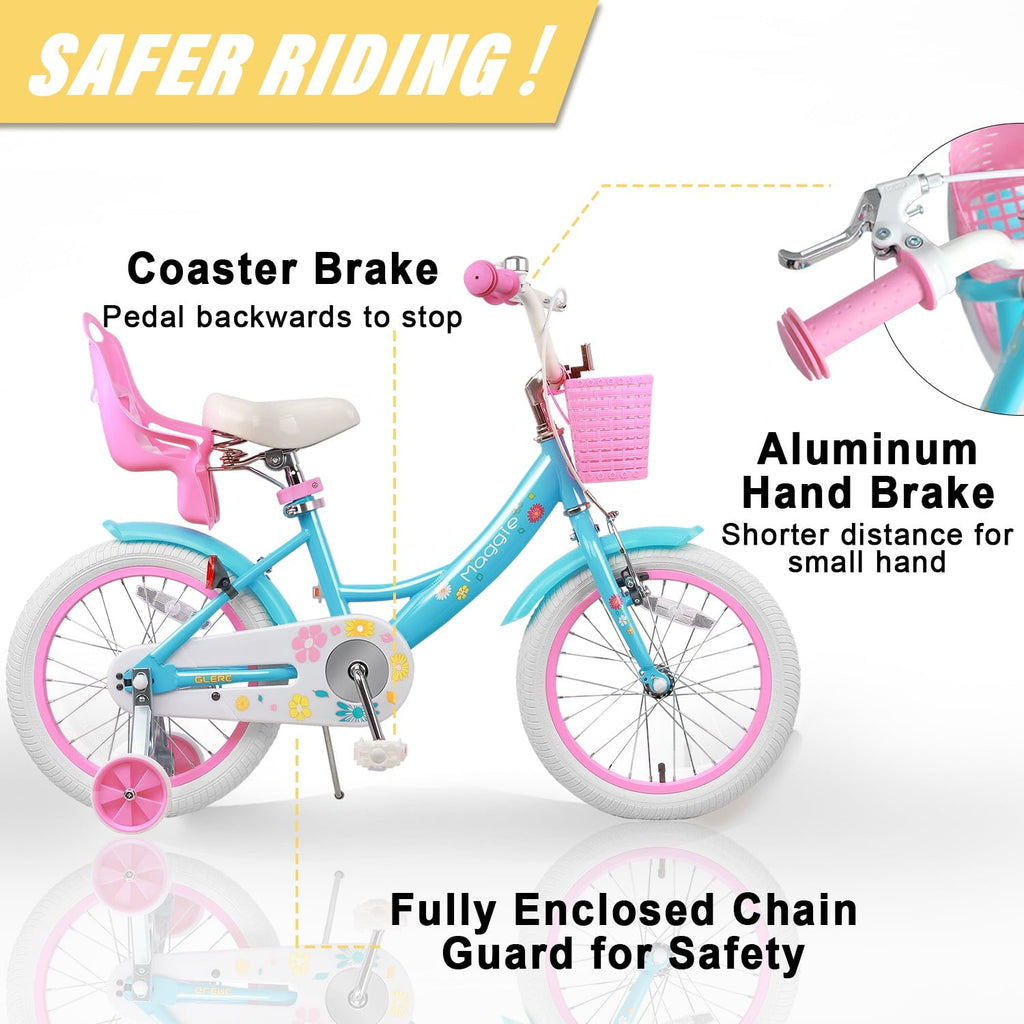 Glerc Maggie 14 inch Kids Girls Bike for Ages 3-5 Years Old Children, Princess Style Kids Bicycle with Doll-Seat & Basket & Training Wheels, Pink