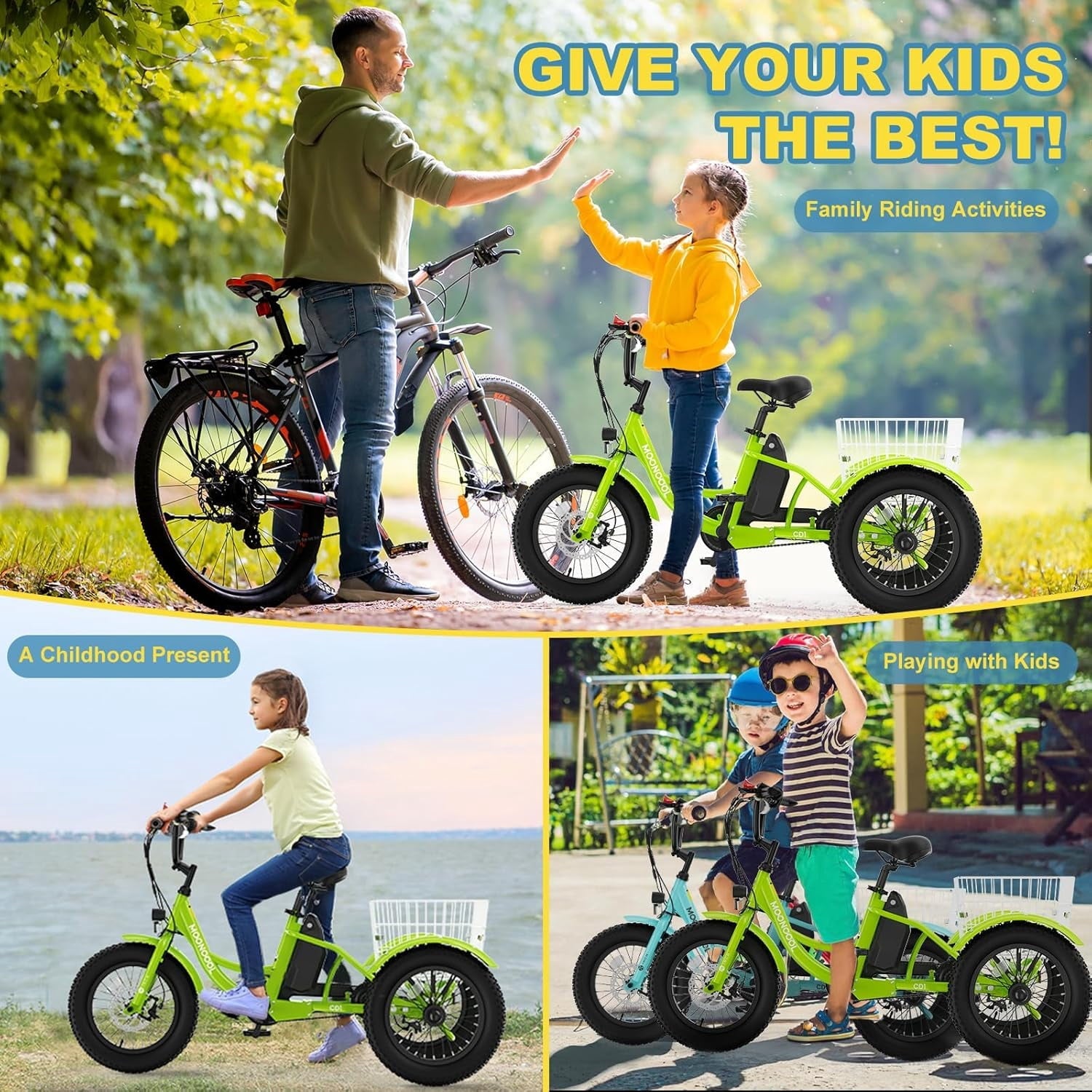 MOONCOOL Electric Tricycle for Kids ,16x3 3 Wheel 250W 10.4Ah Etrike W/ LED headlight & Rear Basket & horn bell & DIY stickers .6/9/12.5 MPH