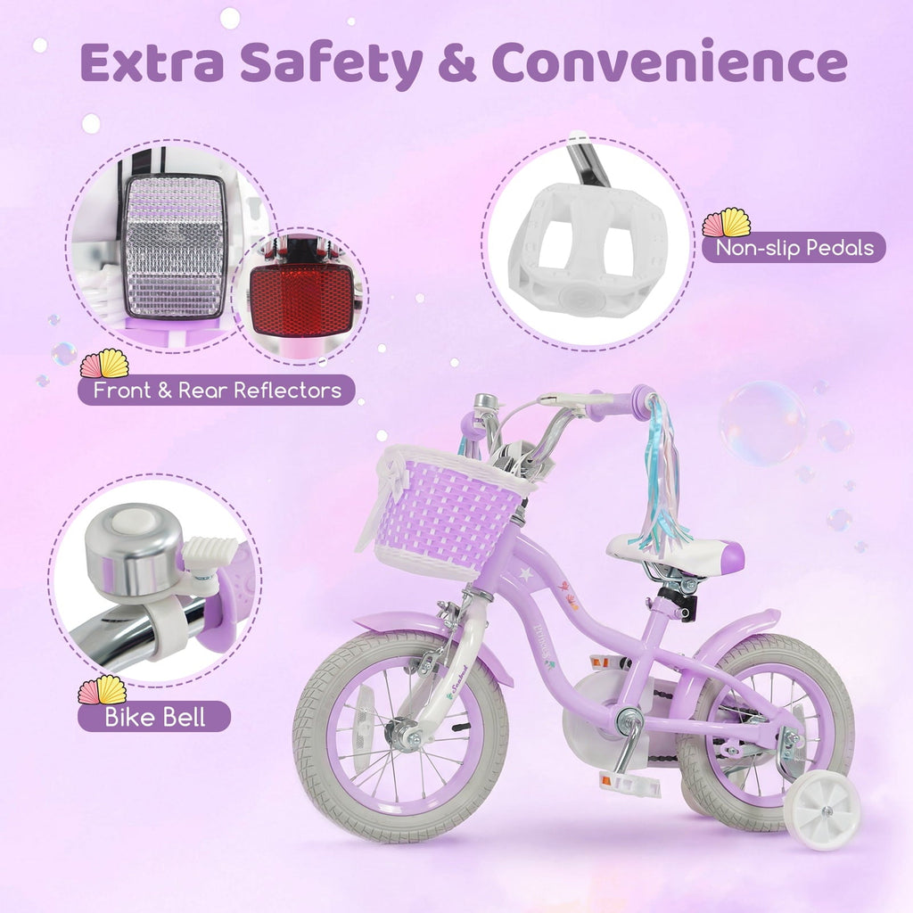 Costway 14 Kids Bike with Training Wheels Hand Coaster Brakes Adjustable Seat Handlebar Pink
