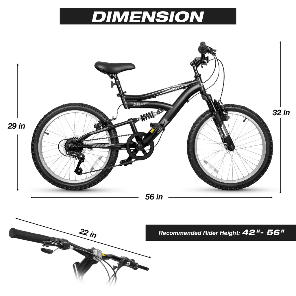 Hykolity Kids Mountain Bike 20 inch MTB Bicycle Age 6-12 Years Height 42-56 in Tween Cycling Full Suspension Sport Outdoor Bikes - Matte Black