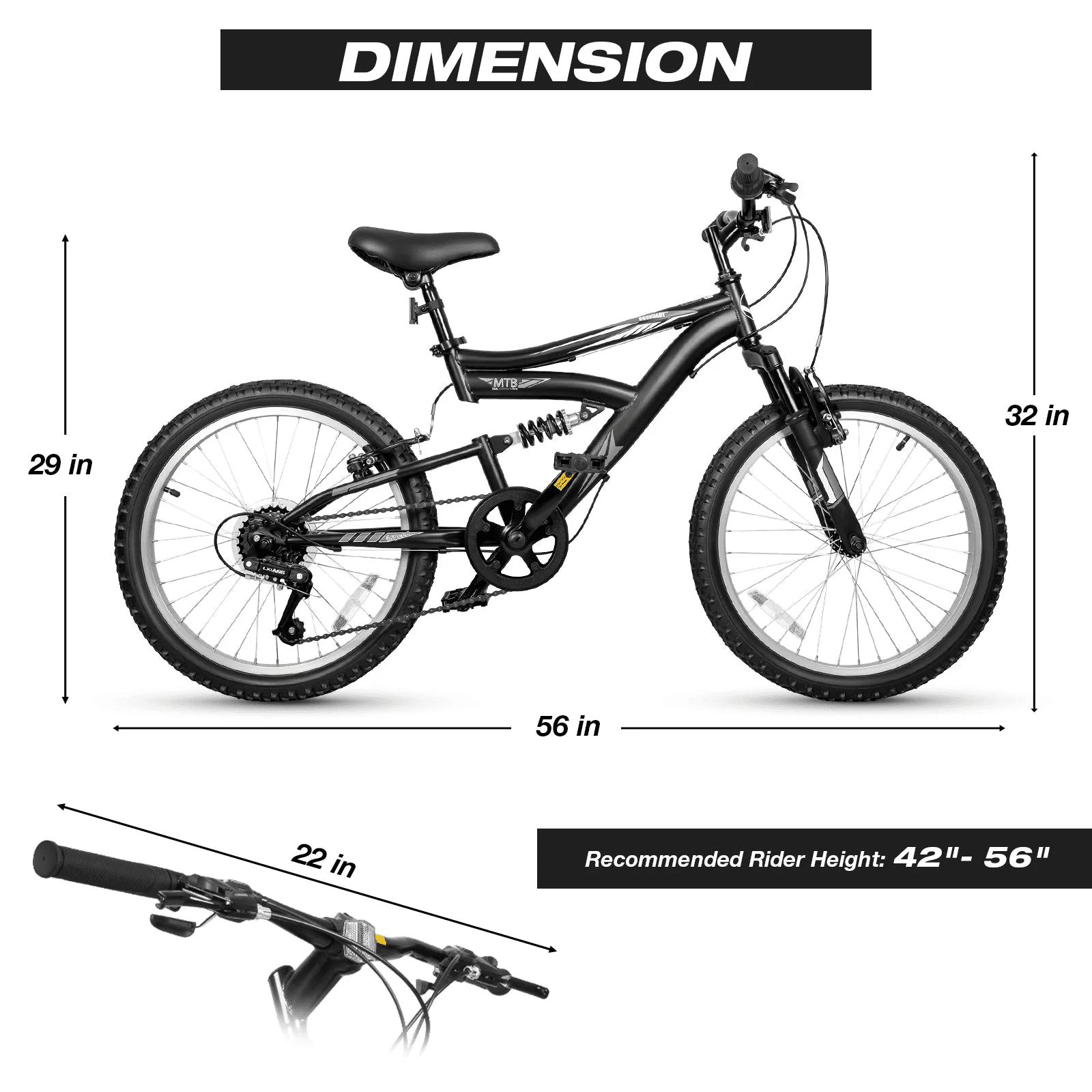 Hykolity Kids Mountain Bike 20 inch MTB Bicycle Age 6-12 Years Height 42-56 in Tween Cycling Full Suspension Sport Outdoor Bikes - Matte Black