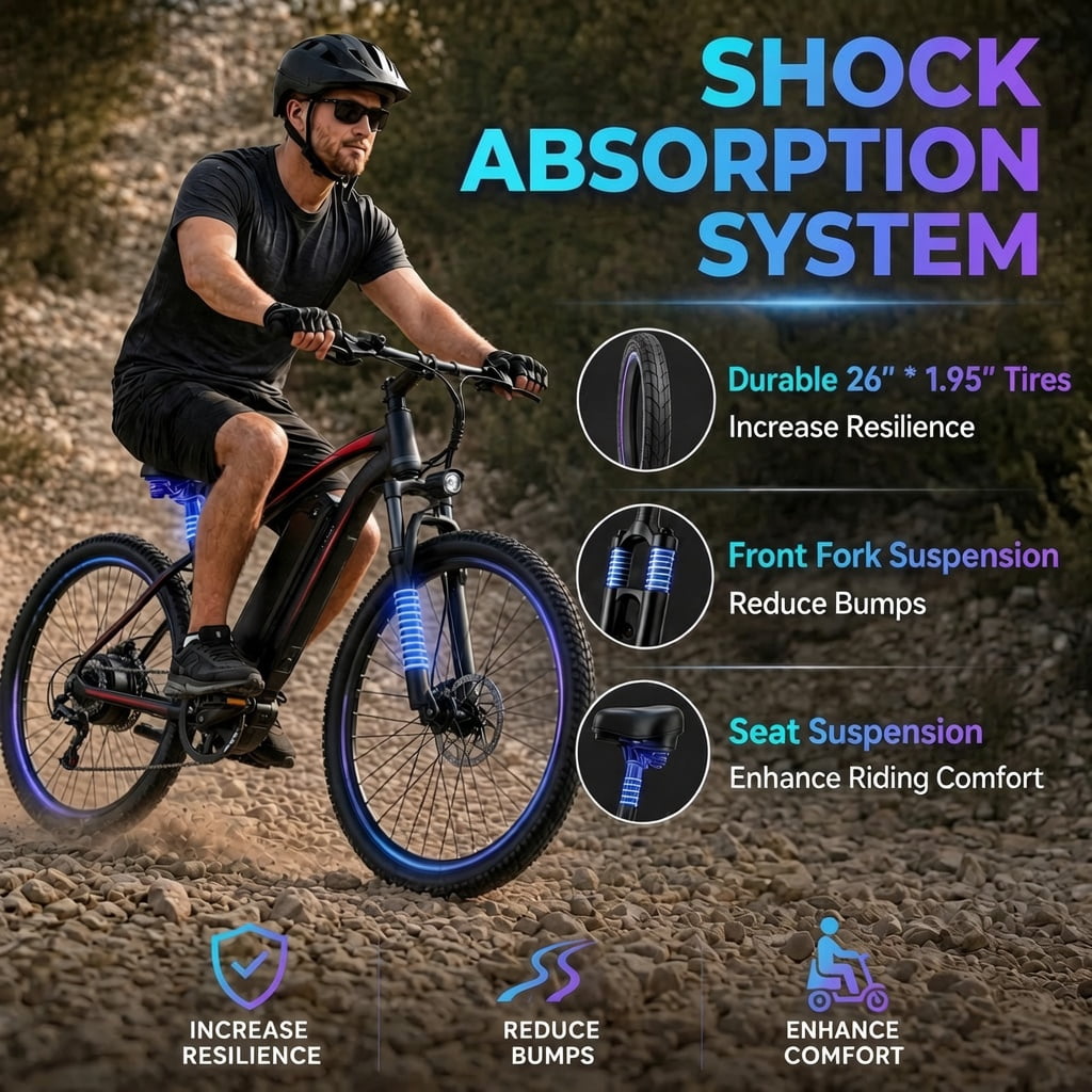 26'' Electric Mountain Bike for Adults, 500W Peak Motor, 36V 12Ah Removable Waterproof Battery, 20 MPH, 30 Miles Range, 7-Speed Suitable for Mountain, Commuting, Shopping, or Trip, UL 2849