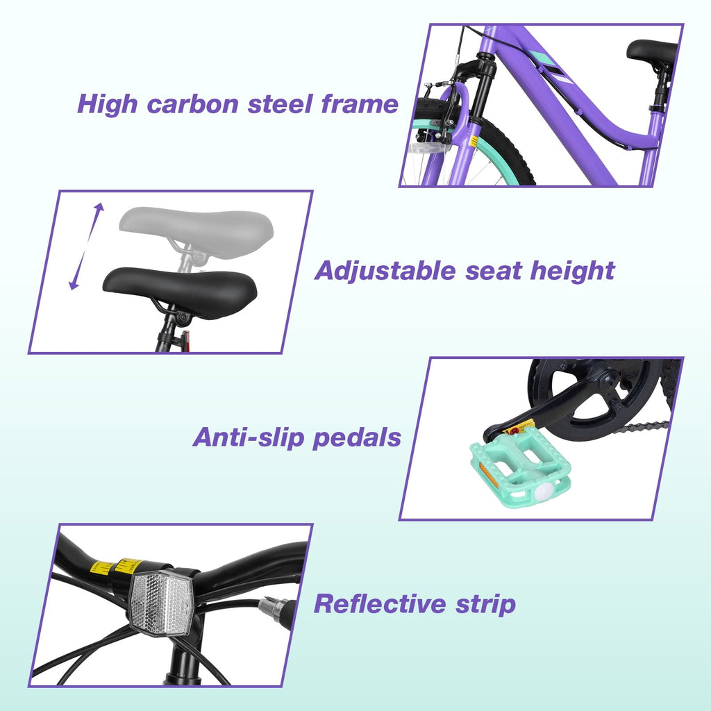 Hykolity 24 inch Kids Mountain Bike,7 Speed Kid Bicycle Age 8-14 Year Old with Front Suspension Fork,Adjustable Seat Height,High-Carbon Steel,Purple
