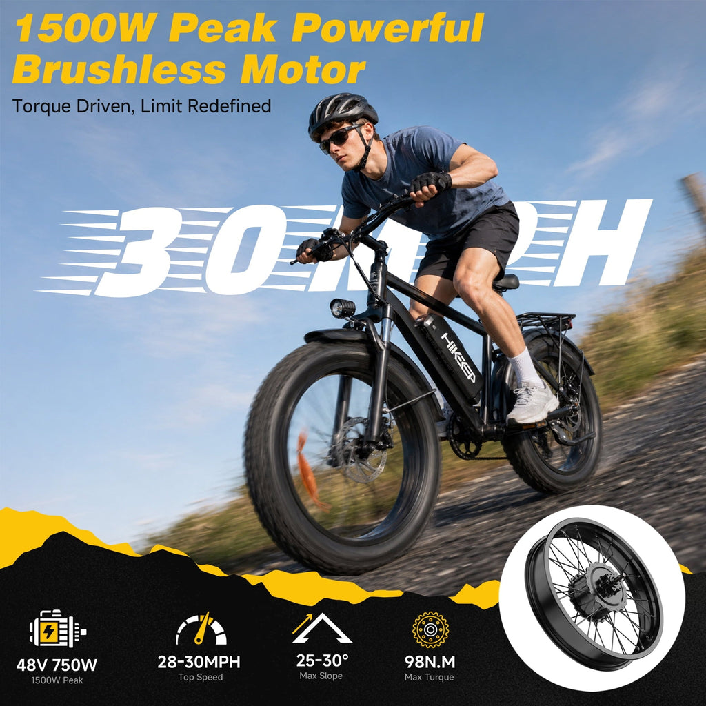 HiKeep 26 Electric Bike for Adults 1500W Peak, 48V 15.6Ah Removable Battery, 30MPH Electric Bicycle, 26x4 Fat Tire Mountain Ebike, Shimano 7 Speed, UL2849, Black