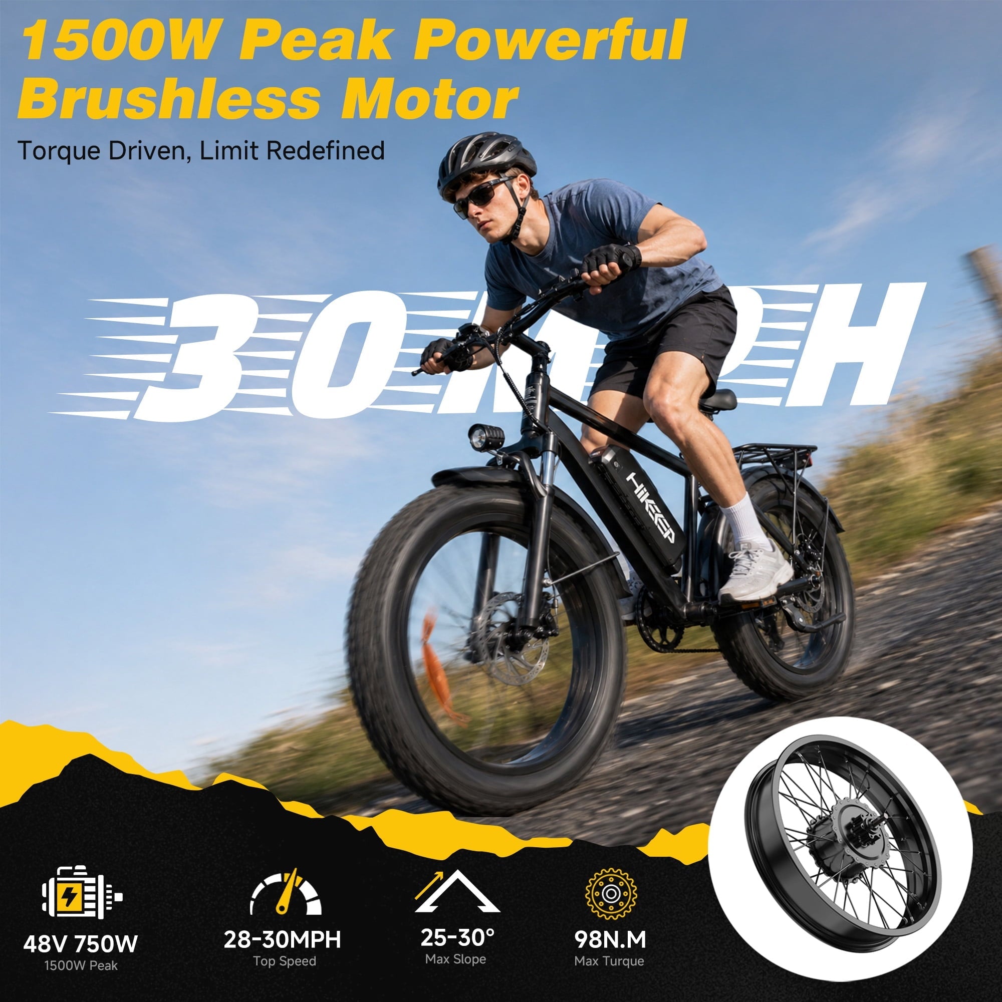 HiKeep 26 Electric Bike for Adults 1500W Peak, 48V 15.6Ah Removable Battery, 30MPH Electric Bicycle, 26x4 Fat Tire Mountain Ebike, Shimano 7 Speed, UL2849, Black