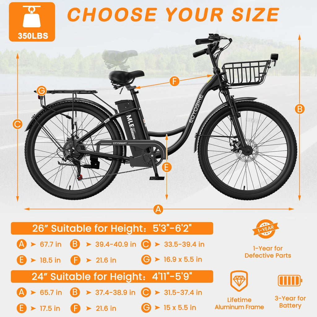 MOONCOOL Electric Bicycle for Adults 350W , 7-Speed Ebike with 36V 10.4Ah Removable Battery . 40 Miles Range , 20 mph Electric Commuter Bike for Women Men
