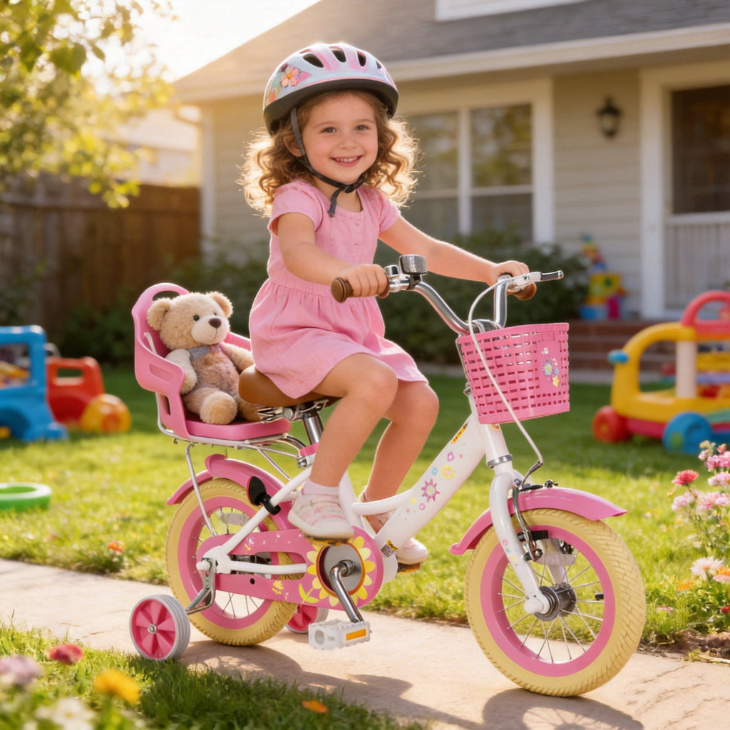 KORIMEFA Bikes for Girls 3-6 Years Old Toddlers, 12 inch Girls Bike with Training Wheels, Basket and Doll Seat, Children Bicycles with Handbrake, White