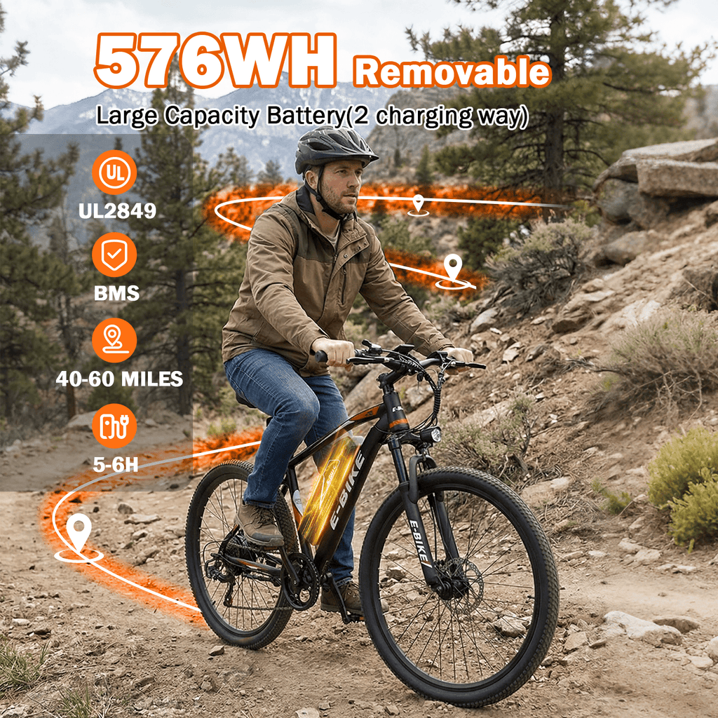 XKJ Electric Bike for Adults, 26”Electric Mountain Bike 576Wh Internal Battery & LCD Display,750W (Peak) Motor,7-Speed, Lightweight Ebike for Teens,40 Miles, Full Suspension,UL2849